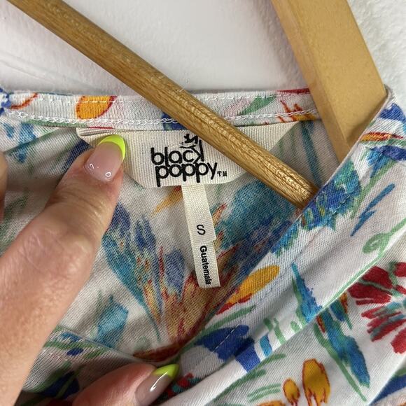 BLACK POPPY White‎ Blue Red Green Abstract Floral Bow Tie Back Shirt Top Size S - Picture 7 of 10